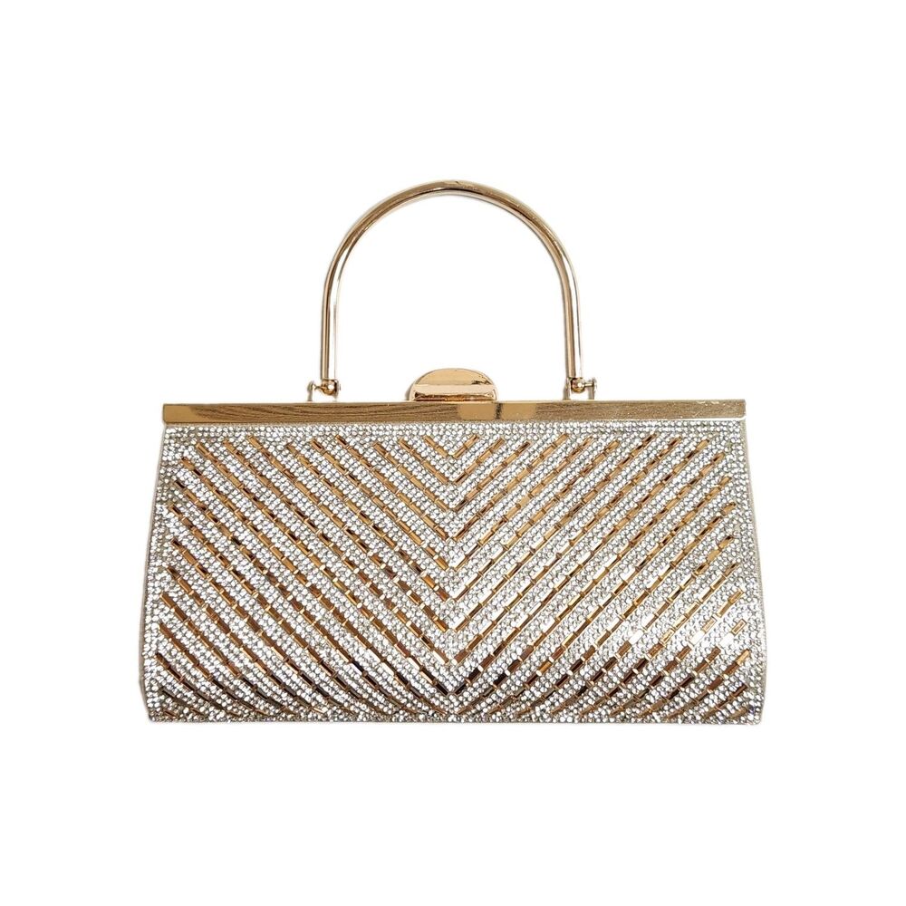 Glam Gold Evening Clutch Purse Shimmering Crystal Chevron Pattern Bridal Prom